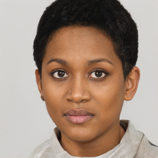 Neutral black young-adult female with short  black hair and brown eyes