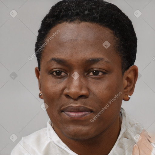 Neutral black young-adult female with short  black hair and brown eyes