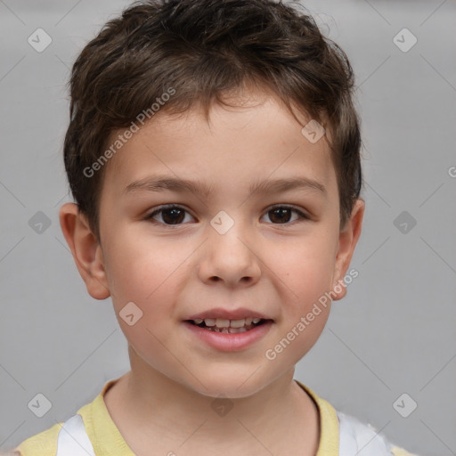 Joyful white child male with short  brown hair and brown eyes