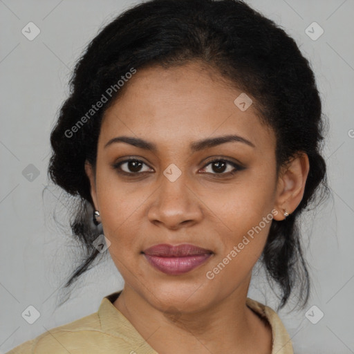 Joyful black young-adult female with medium  black hair and brown eyes