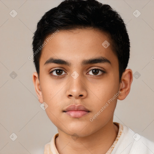 Neutral latino young-adult male with short  black hair and brown eyes