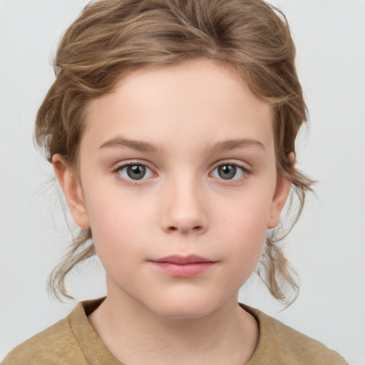 Neutral white child female with medium  brown hair and grey eyes