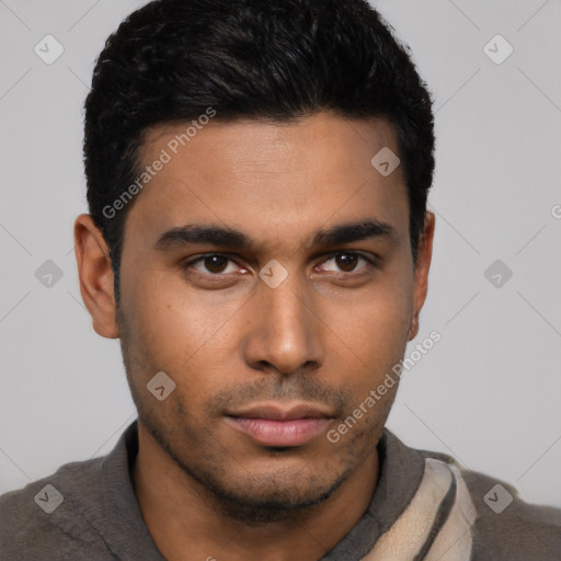 Neutral latino young-adult male with short  black hair and brown eyes