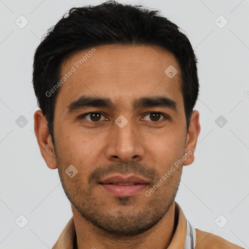 Neutral asian young-adult male with short  black hair and brown eyes