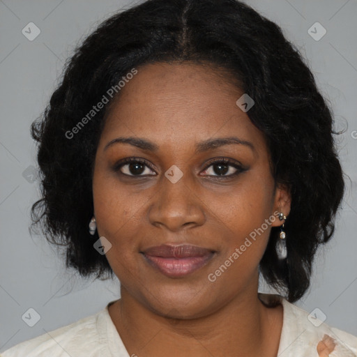 Joyful black young-adult female with medium  brown hair and brown eyes