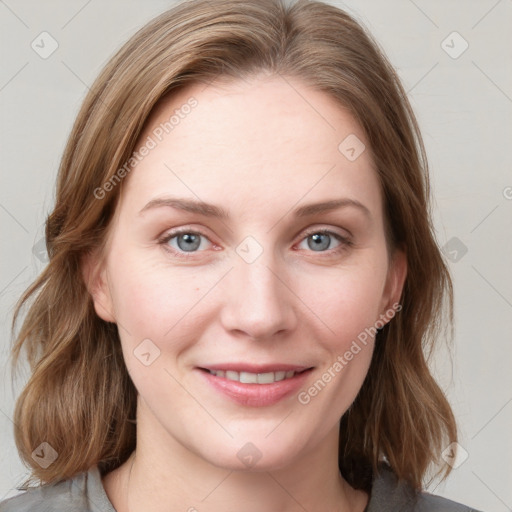 Joyful white young-adult female with medium  brown hair and blue eyes