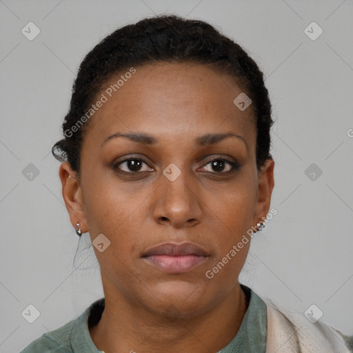 Neutral black young-adult female with short  brown hair and brown eyes