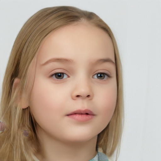 Neutral white child female with medium  brown hair and blue eyes