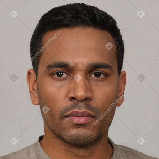 Neutral latino young-adult male with short  black hair and brown eyes