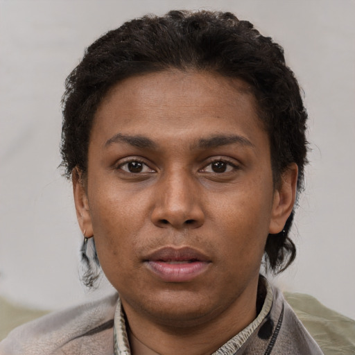 Neutral latino young-adult female with short  brown hair and brown eyes