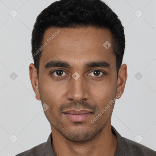 Neutral latino young-adult male with short  black hair and brown eyes