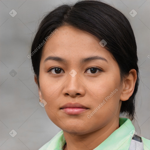 Neutral asian young-adult female with medium  brown hair and brown eyes