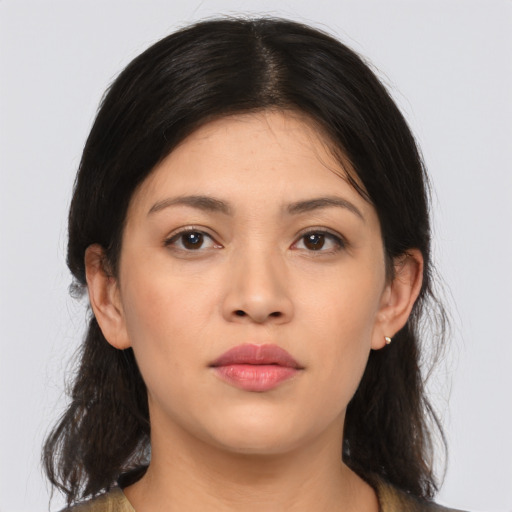 Neutral asian young-adult female with medium  brown hair and brown eyes