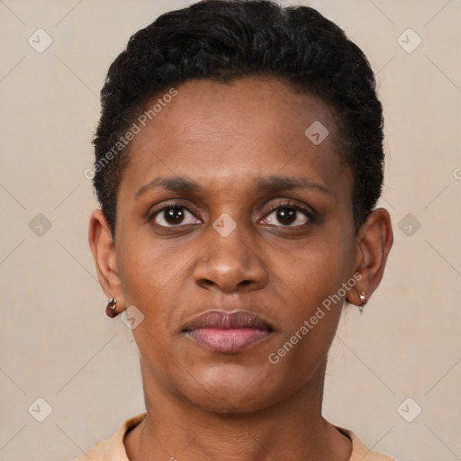 Neutral black young-adult female with short  brown hair and brown eyes