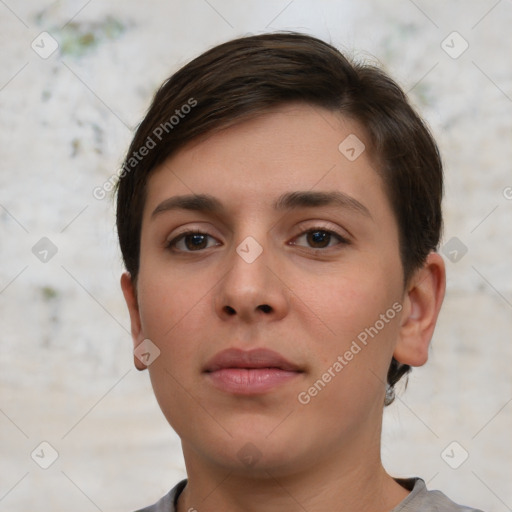 Neutral white young-adult female with short  brown hair and brown eyes