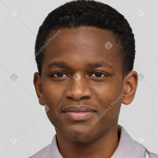 Joyful black young-adult male with short  brown hair and brown eyes