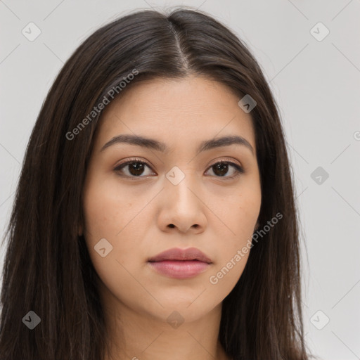 Neutral asian young-adult female with long  brown hair and brown eyes