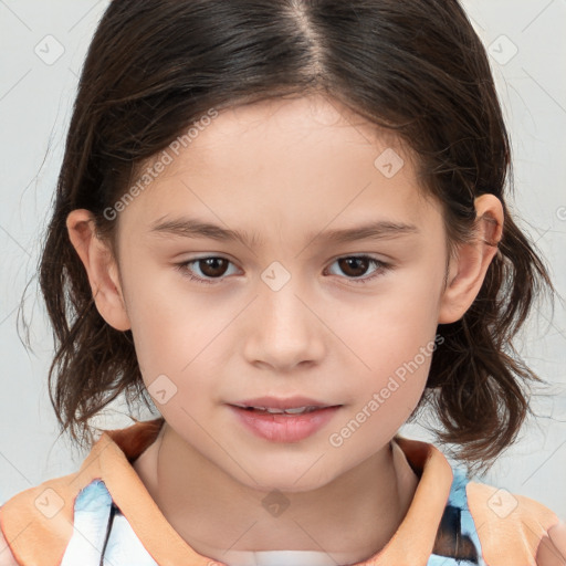 Joyful white child female with medium  brown hair and brown eyes