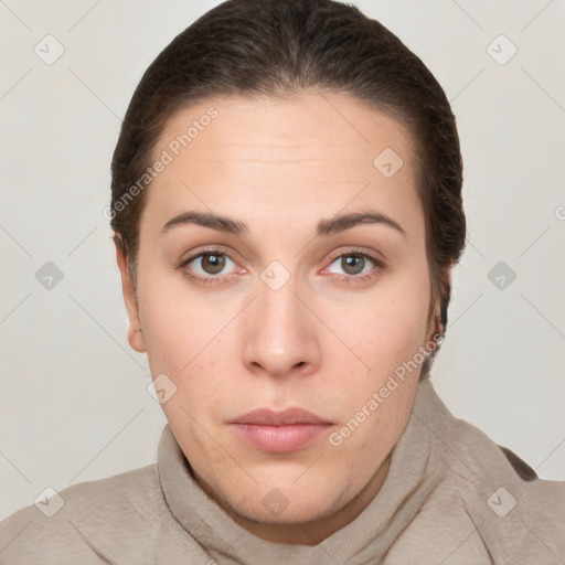 Neutral white young-adult female with short  brown hair and brown eyes