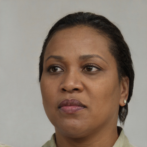 Neutral black adult female with medium  black hair and brown eyes