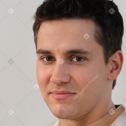 Joyful white young-adult male with short  brown hair and brown eyes