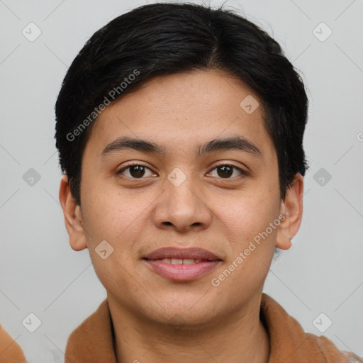 Joyful asian young-adult male with short  brown hair and brown eyes