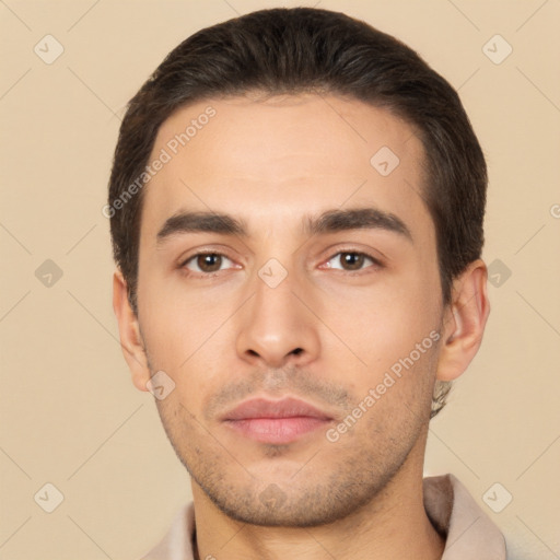 Neutral white young-adult male with short  brown hair and brown eyes