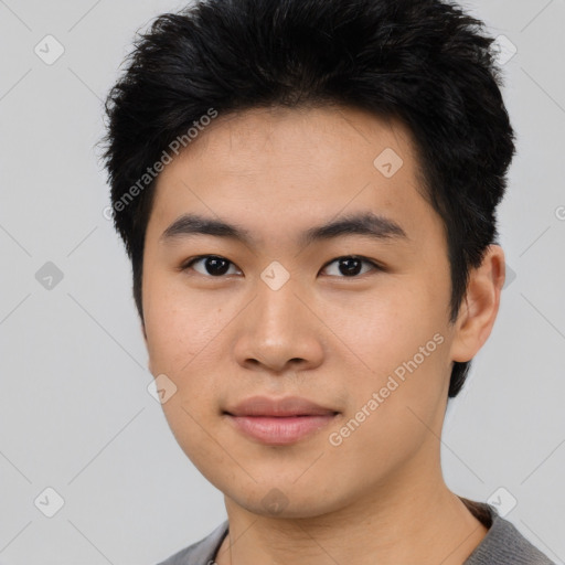 Neutral asian young-adult male with short  black hair and brown eyes