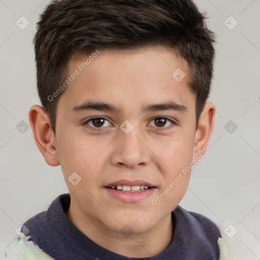 Joyful white child male with short  brown hair and brown eyes