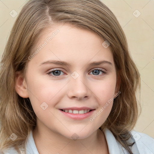 Joyful white child female with medium  brown hair and brown eyes