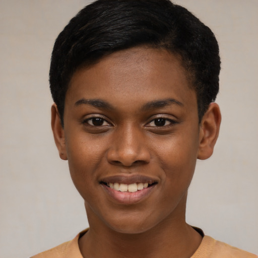 Joyful latino young-adult female with short  black hair and brown eyes