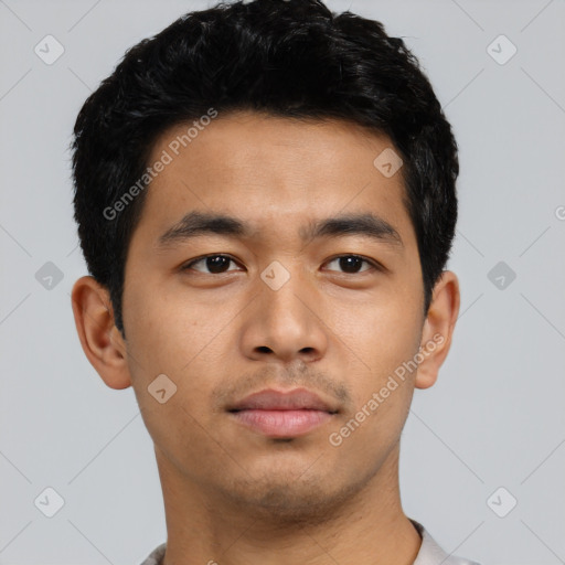 Neutral asian young-adult male with short  black hair and brown eyes