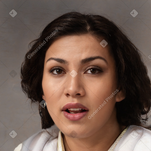 Neutral white young-adult female with medium  brown hair and brown eyes