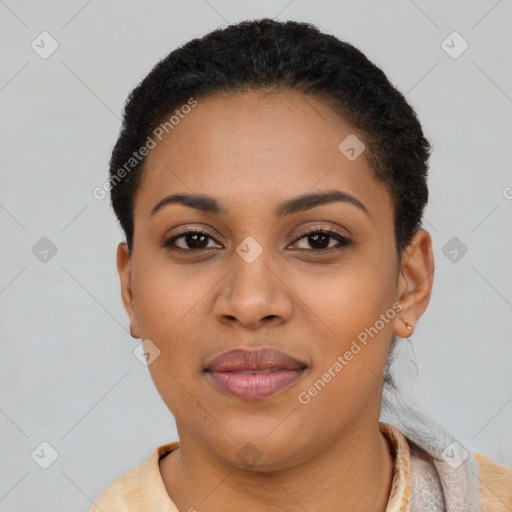 Joyful latino young-adult female with short  black hair and brown eyes