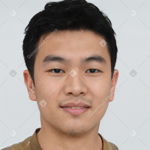 Neutral asian young-adult male with short  black hair and brown eyes