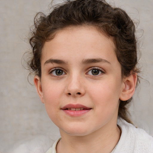 Joyful white child female with medium  brown hair and brown eyes