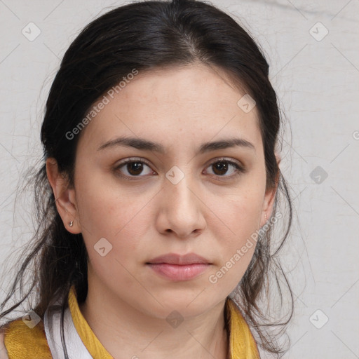 Neutral white young-adult female with medium  brown hair and brown eyes