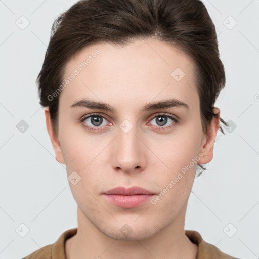 Neutral white young-adult female with short  brown hair and brown eyes