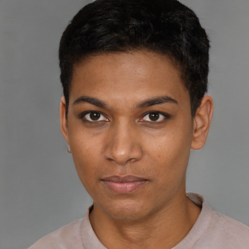 Neutral black young-adult female with short  black hair and brown eyes