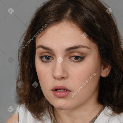 Neutral white young-adult female with medium  brown hair and brown eyes