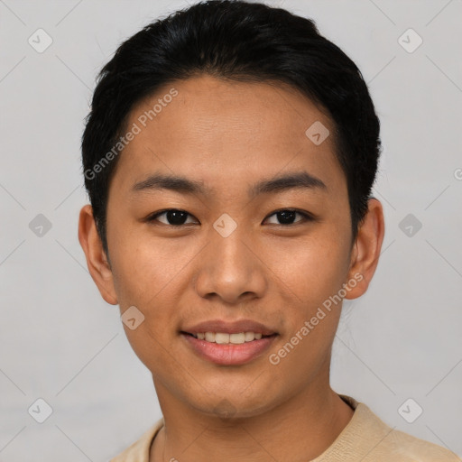 Joyful asian young-adult male with short  black hair and brown eyes