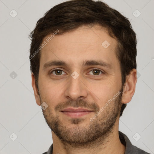 Joyful white young-adult male with short  brown hair and brown eyes