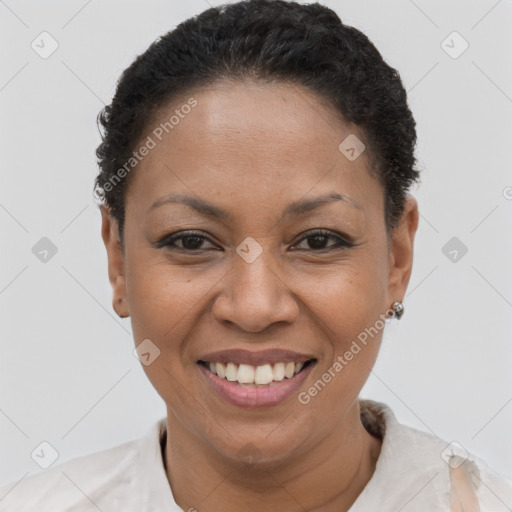 Joyful latino young-adult female with short  brown hair and brown eyes