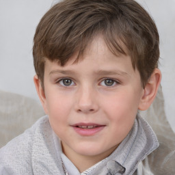 Joyful white child female with medium  brown hair and grey eyes