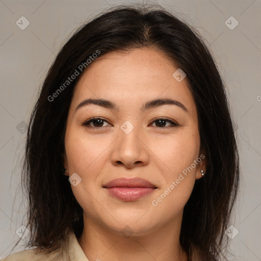 Joyful asian young-adult female with medium  brown hair and brown eyes