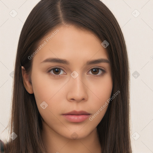 Neutral white young-adult female with long  brown hair and brown eyes