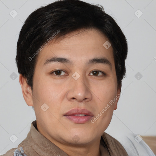 Neutral asian young-adult male with short  brown hair and brown eyes