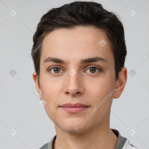 Neutral white young-adult male with short  brown hair and brown eyes