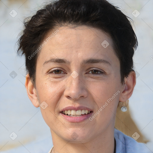 Joyful white adult female with short  brown hair and brown eyes