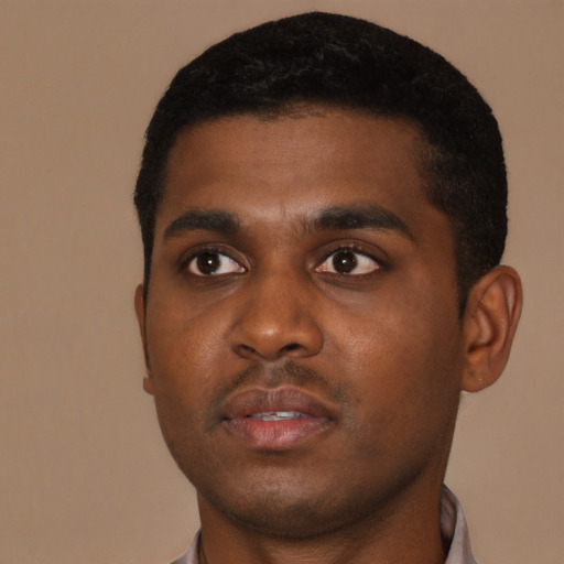 Neutral black young-adult male with short  black hair and brown eyes